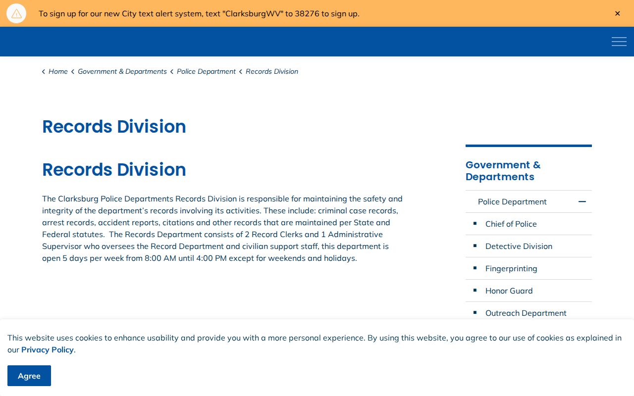Harrison County Clarksburg arrest record source at the Police Records Division