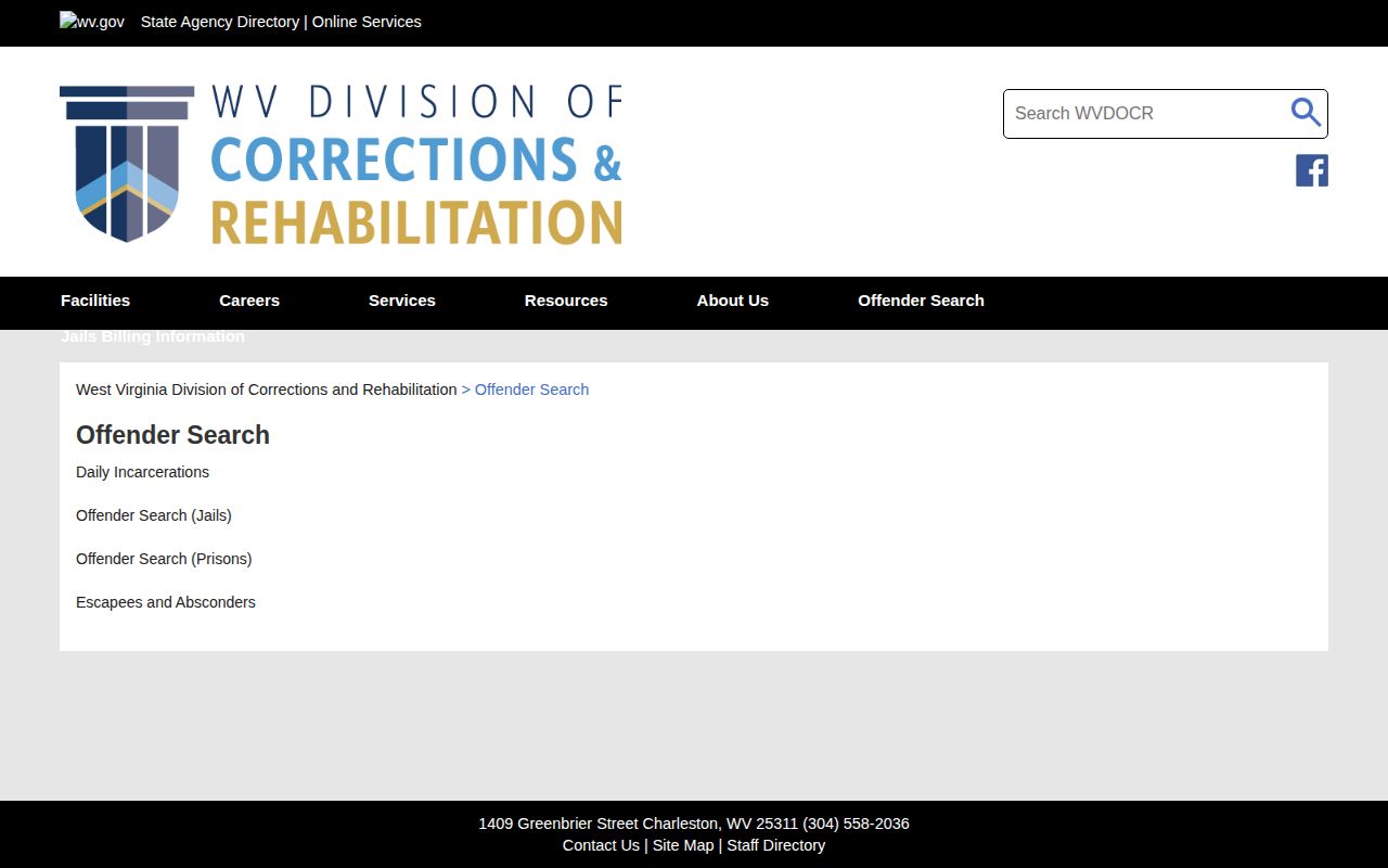 Harrison County booking record lookup paths on the WVDCR offender-search page